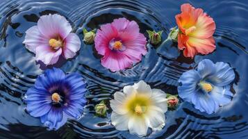 Vibrant flowers floating gracefully on serene water surface, creating a tranquil nature scene photo
