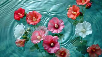 Colorful flowers floating on serene water surface, creating ripples in a tranquil setting photo