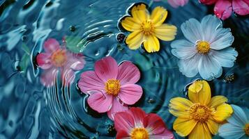 Colorful flowers floating on water surface, creating ripples in a serene natural setting photo