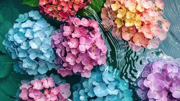Vibrant hydrangea flowers in various colors floating on serene water surface, creating a tranquil scene photo