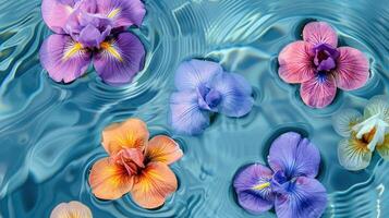 Colorful orchids floating serenely on a tranquil blue water surface, creating a peaceful scene photo