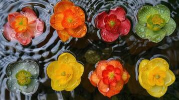 Colorful flowers floating on water surface with raindrops, creating a serene natural scene photo