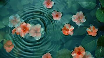 Tranquil scene of pink flowers floating on water, surrounded by green leaves and gentle ripples photo