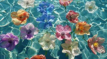 Vibrant artificial flowers floating on a shimmering blue water surface, creating a serene atmosphere photo