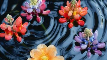 Vibrant aquatic flowers floating on a tranquil water surface, creating a serene atmosphere photo