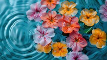 Vibrant flowers floating on water surface, creating ripples, with a serene background ambiance photo