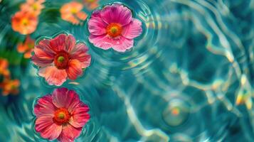 Vibrant flowers floating on a serene water surface, reflecting colorful ripples and light photo