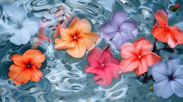 Colorful tropical flowers floating on water surface, creating a serene and vibrant atmosphere photo