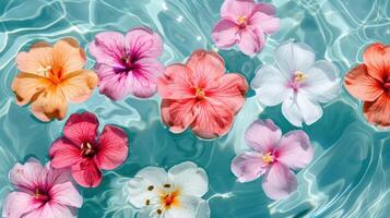 Vibrant tropical flowers floating on clear water, creating a serene and colorful aquatic scene photo