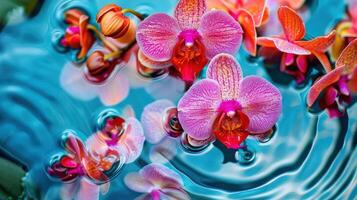 Vibrant pink orchids floating gracefully on tranquil water with ripples, creating a serene atmosphere photo