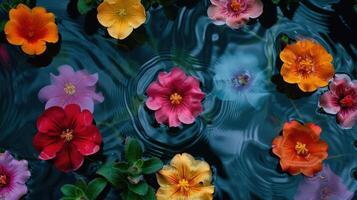 Vibrant assortment of blooming flowers floating on a serene water surface with ripples photo