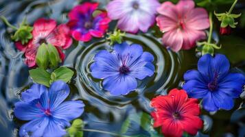 Vibrant flowers in various colors floating on a serene water surface, creating a peaceful scene photo