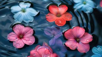 Colorful flowers floating on tranquil water surface, creating a serene and picturesque scene photo
