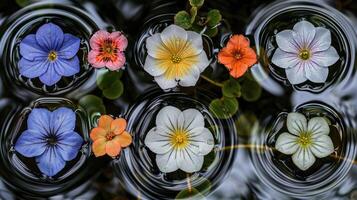 Colorful flowers floating on water surface, creating a serene natural scene with ripples photo