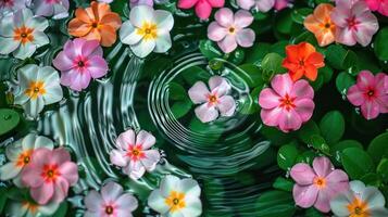 Vibrant floral scene with colorful flowers floating on water, ripples creating a serene ambiance photo
