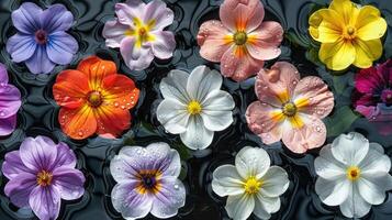 Vibrant assortment of colorful flowers floating on dark water with droplets, serene backdrop photo