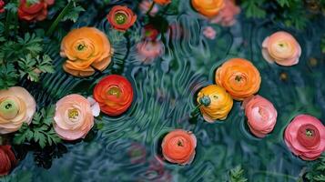 Vibrant ranunculus flowers floating on tranquil water surface, creating a serene natural scene photo