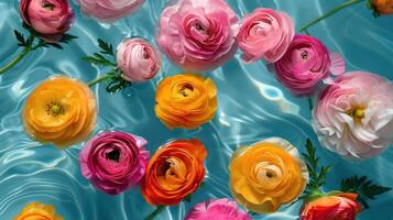 Colorful ranunculus flowers floating on a shimmering blue water surface, creating a serene atmosphere photo