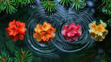 Vibrant flowers floating on water, creating ripples, surrounded by lush green foliage photo