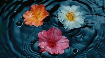 Three vibrant flowers in various colors floating on a serene water surface with ripples photo