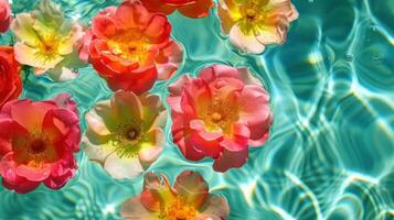 Colorful flowers floating on a shimmering turquoise pool, creating a serene and vibrant atmosphere photo