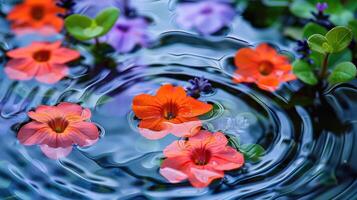 Vibrant orange and purple flowers floating on water, creating ripples in a serene garden pond photo