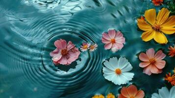 Vibrant flowers floating on tranquil water surface with ripples, creating a serene atmosphere photo