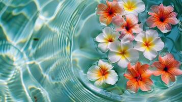 Vibrant tropical flowers floating serenely in clear water, creating a tranquil and refreshing ambiance photo