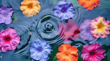Colorful flowers floating on water with ripples, creating a serene and vibrant atmosphere photo