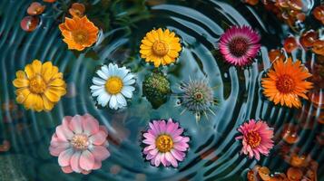 Vibrant flowers floating on water surface, creating ripples, surrounded by natural elements photo