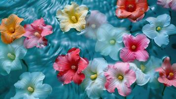 Vibrant assortment of floating flowers in a tranquil blue water setting, creating a serene ambiance photo