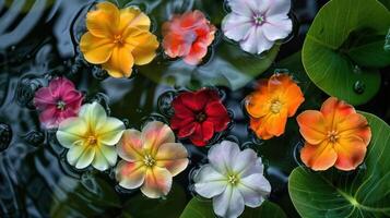 Vibrant flowers floating on water surface, surrounded by green leaves, creating a serene atmosphere photo