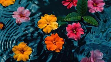 Vibrant flowers floating on dark water surface, creating a serene and colorful natural scene photo