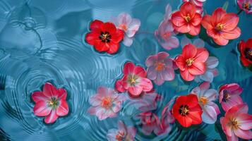 Vibrant tulips floating on serene water surface, creating a tranquil and colorful scene photo
