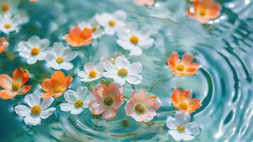 Vibrant flowers floating on tranquil water surface, creating a serene and colorful scene photo