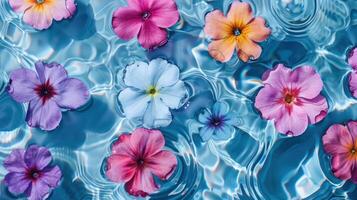 Vibrant flowers floating on a serene blue water surface, creating a tranquil and colorful scene photo