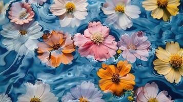 Colorful flowers floating on water surface, creating a serene and tranquil scene photo