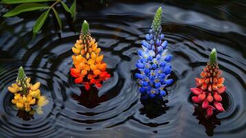 Vibrant Lupin Flowers Floating on Calm Water Surface with Reflections in a Serene Setting photo