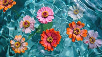 Vibrant flowers floating on a shimmering blue water surface, creating a serene and colorful scene photo