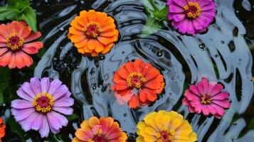 Vibrant flowers floating on dark water surface, creating a serene and colorful nature scene photo