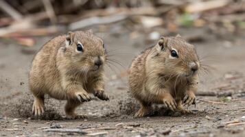Two small mammals running energetically across a dirt path in a natural setting, with blurred foliage photo