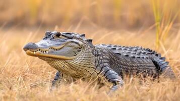 Close-up of a crocodile resting on dry grass in a natural habitat, with blurred background scenery photo