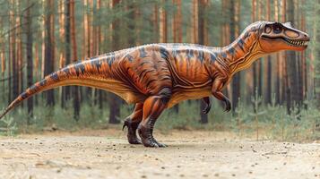 Realistic dinosaur model walking through a lush forest with sunlight filtering through trees photo