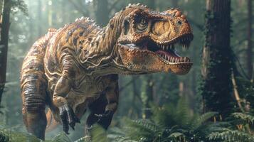 A roaring dinosaur in a lush prehistoric forest, surrounded by ferns and towering trees, evoking adventure photo