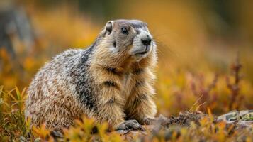 Close-up of a marmot in a vibrant autumn landscape with colorful foliage in the background photo