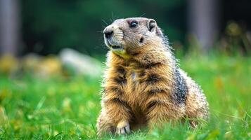 A curious marmot stands on a grassy field, surrounded by trees, observing its surroundings photo
