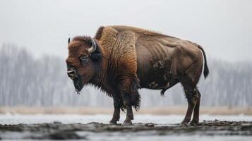 Majestic bison standing in a serene wetland during winter, with a misty forest backdrop photo