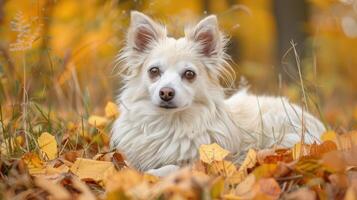 A small white dog resting among vibrant autumn leaves in a serene forest setting photo
