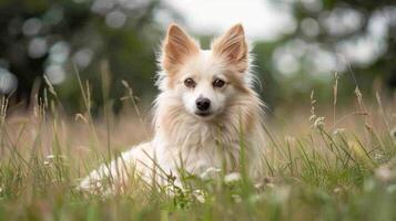 A fluffy white dog resting in a grassy field with blurred trees in the background photo