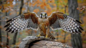 Majestic falcon spreads its wings on a log amidst autumn foliage in a serene forest setting photo